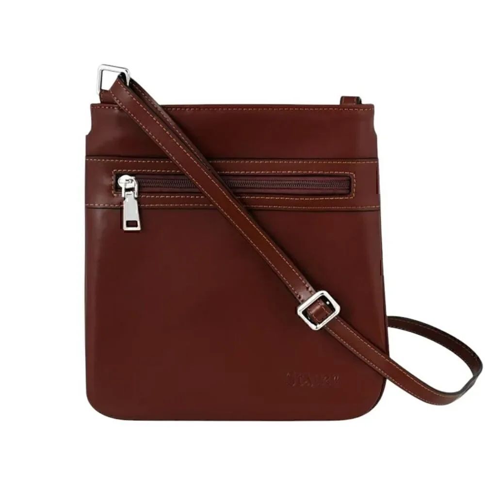 Stauer Women's Brooklyn Brown Leather Hip Bag Zip Pockets Adjustable Strap